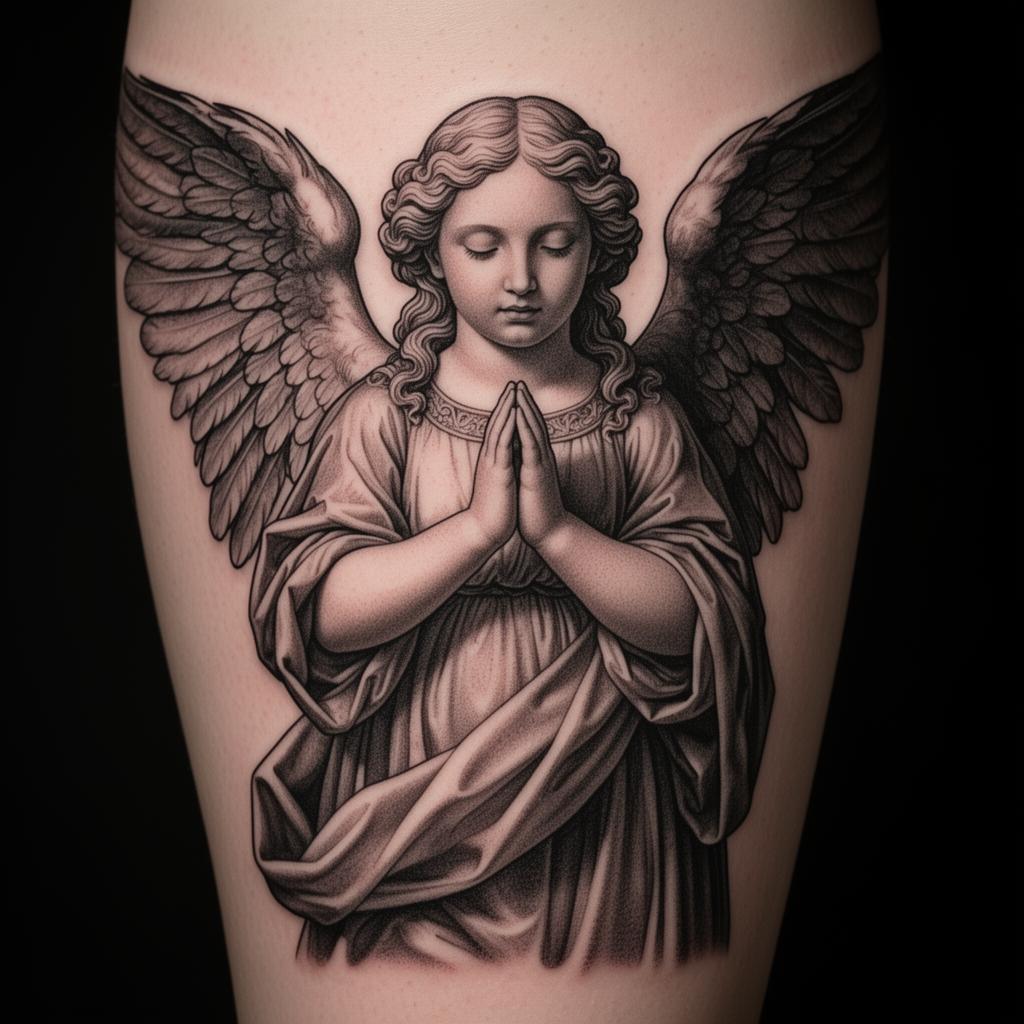 Realistic black and grey angel tattoo