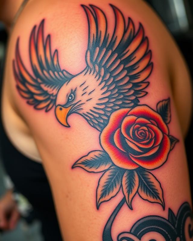 Traditional eagle and rose tattoo